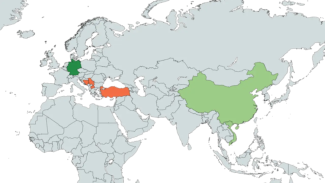 World map showing ER‑TEC headquarters in Germany, production countries (Türkiye, Bosnia & Herzegovina, Serbia, North Macedonia) and sourcing countries (China, Vietnam)